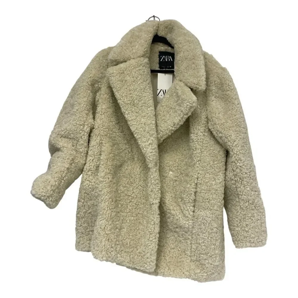 Zara Womens Faux Fur Coat Jacket XS Oyster White Teddy collared 4391/855 NWT - Picture 3 of 16
